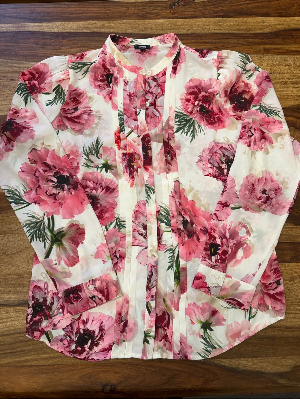 Express Floral Pink Pleated Front Women's Blouse - Medium